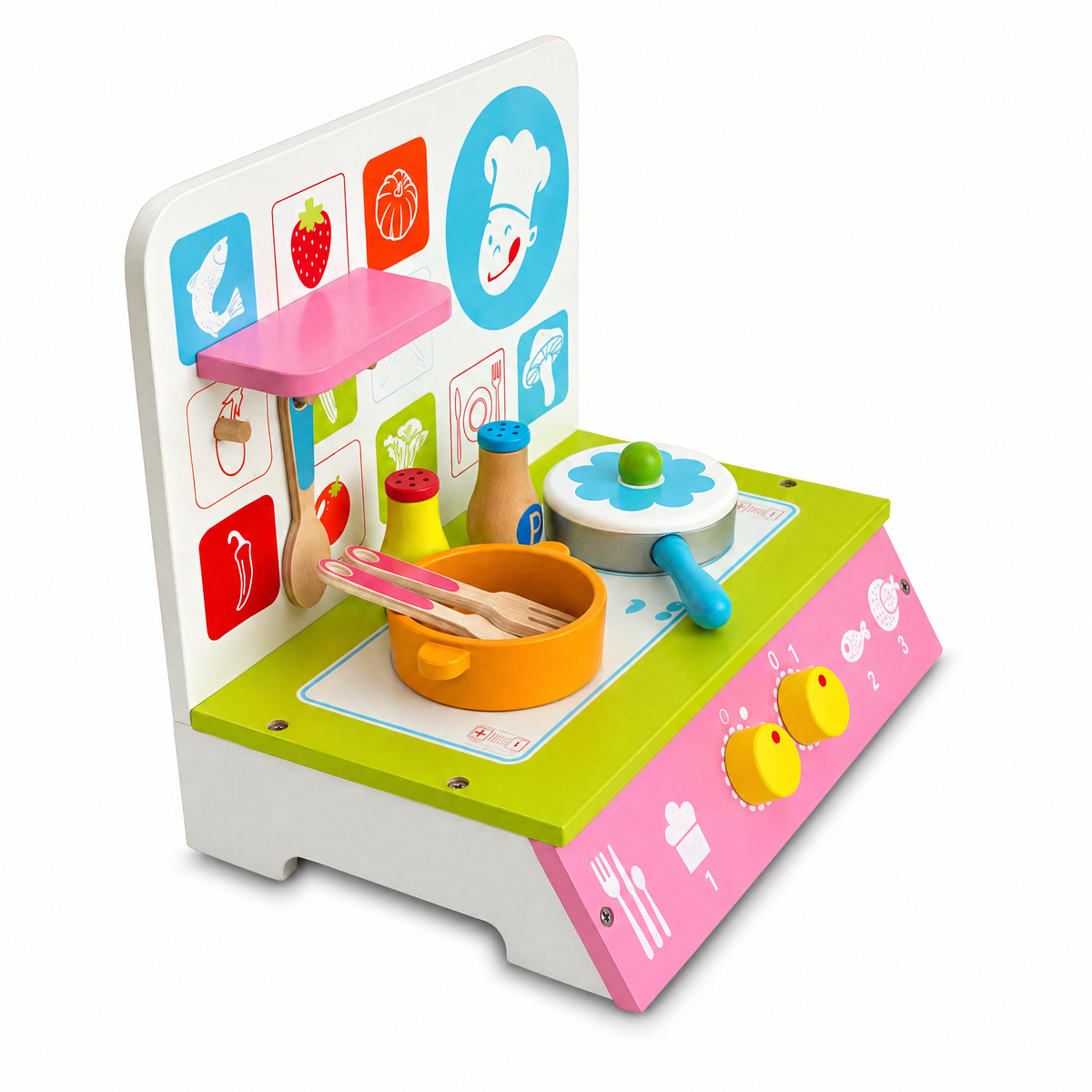 a toy kitchen with a pan and spoons