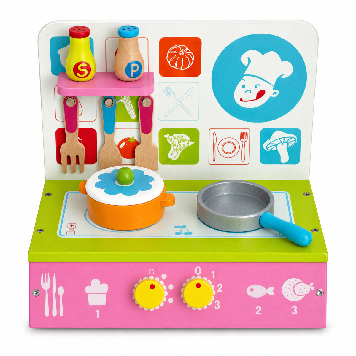 a toy kitchen with a pan and spoon