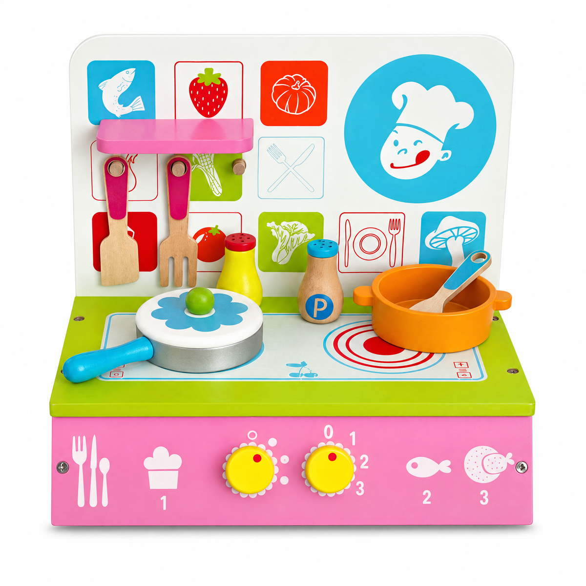 a toy kitchen with a stove and cooking utensils