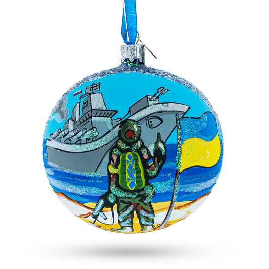a blue ball with a picture of a ship and a turtle