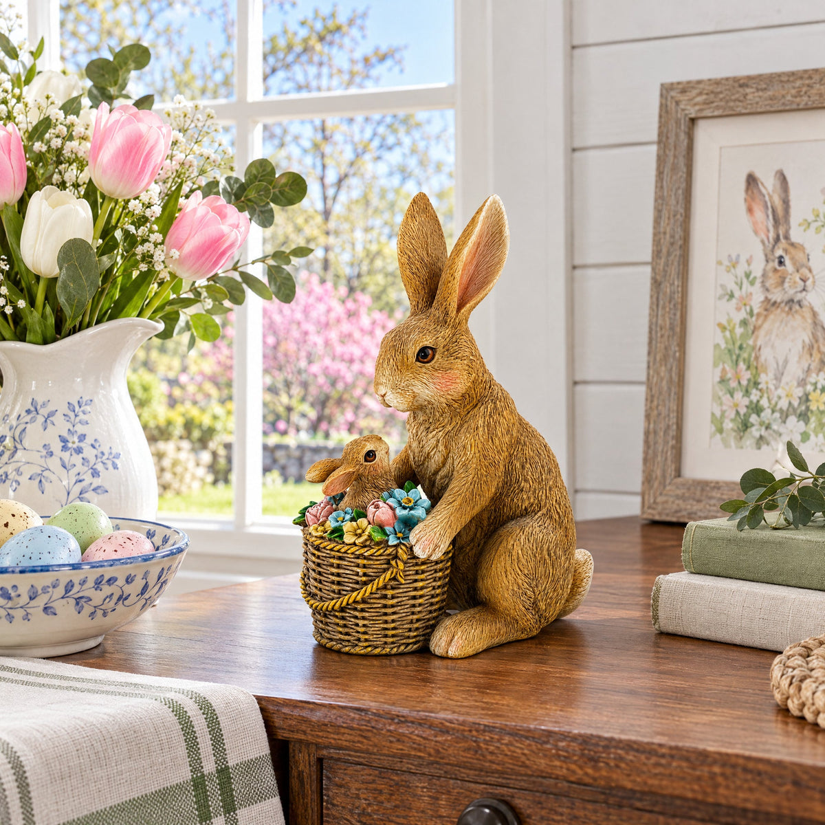 Mother & Baby Bunny Figurine Rustic Easter & Spring Decor with Floral Basket 7.4 Inches