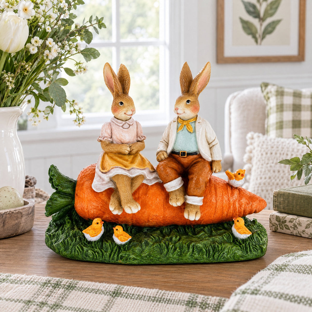 Romantic Easter Bunny Pair on Carrot with Chicks Spring Decor 6.3 Inches Tall