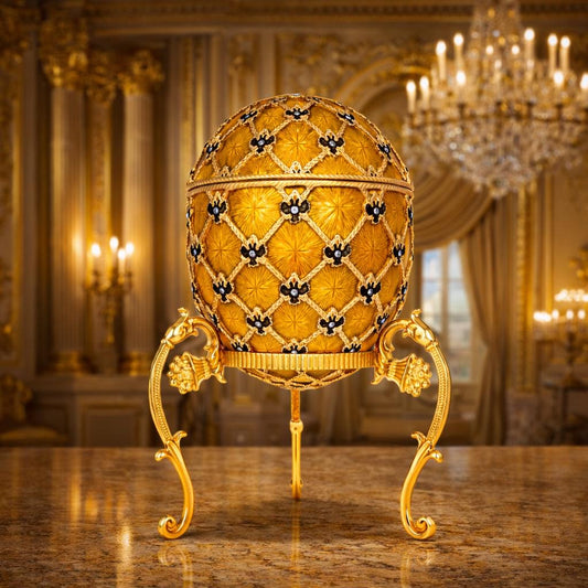 a gold egg shaped object on a marble table