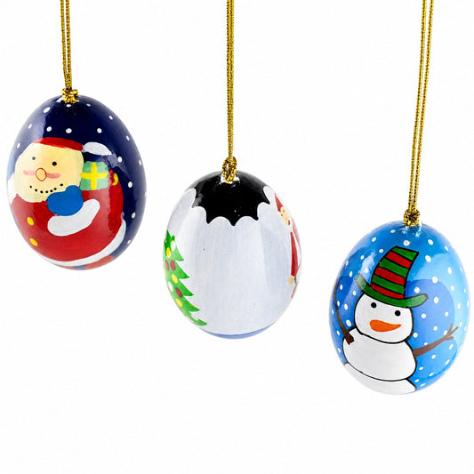 3 Wooden Egg Christmas Ornaments Santa, Christmas Tree and Snowman