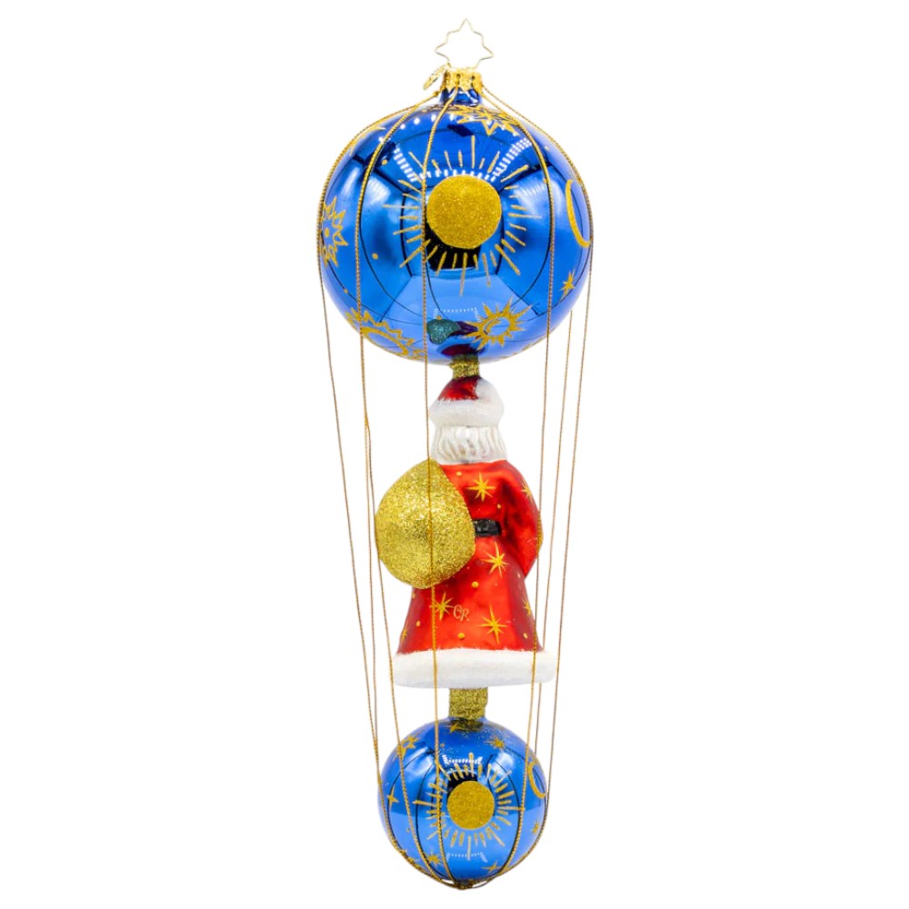 a blue and gold ornament with a santa claus and a red and gold ball