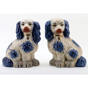 Large Staffordshire Chinoiserie Dog Pair Blue w/ Gold Locket Detailing